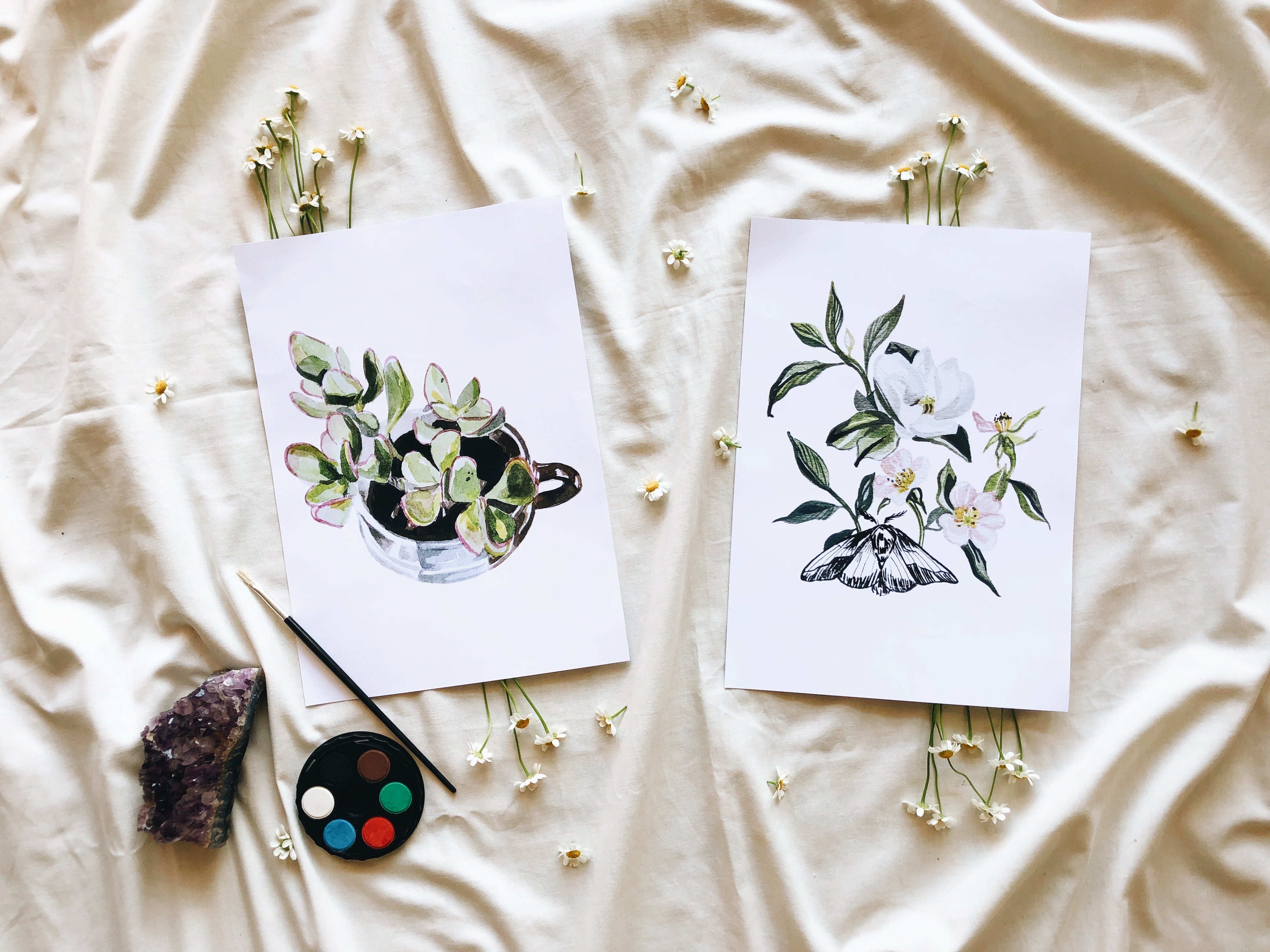 Two botanical prints on a textured fabric surface with paint supplies.