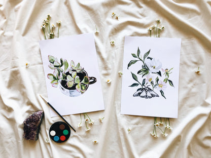 Two botanical prints on a textured fabric surface with paint supplies.
