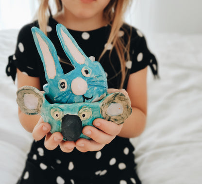 Handmade bunny clay vessel and koala clay vessel